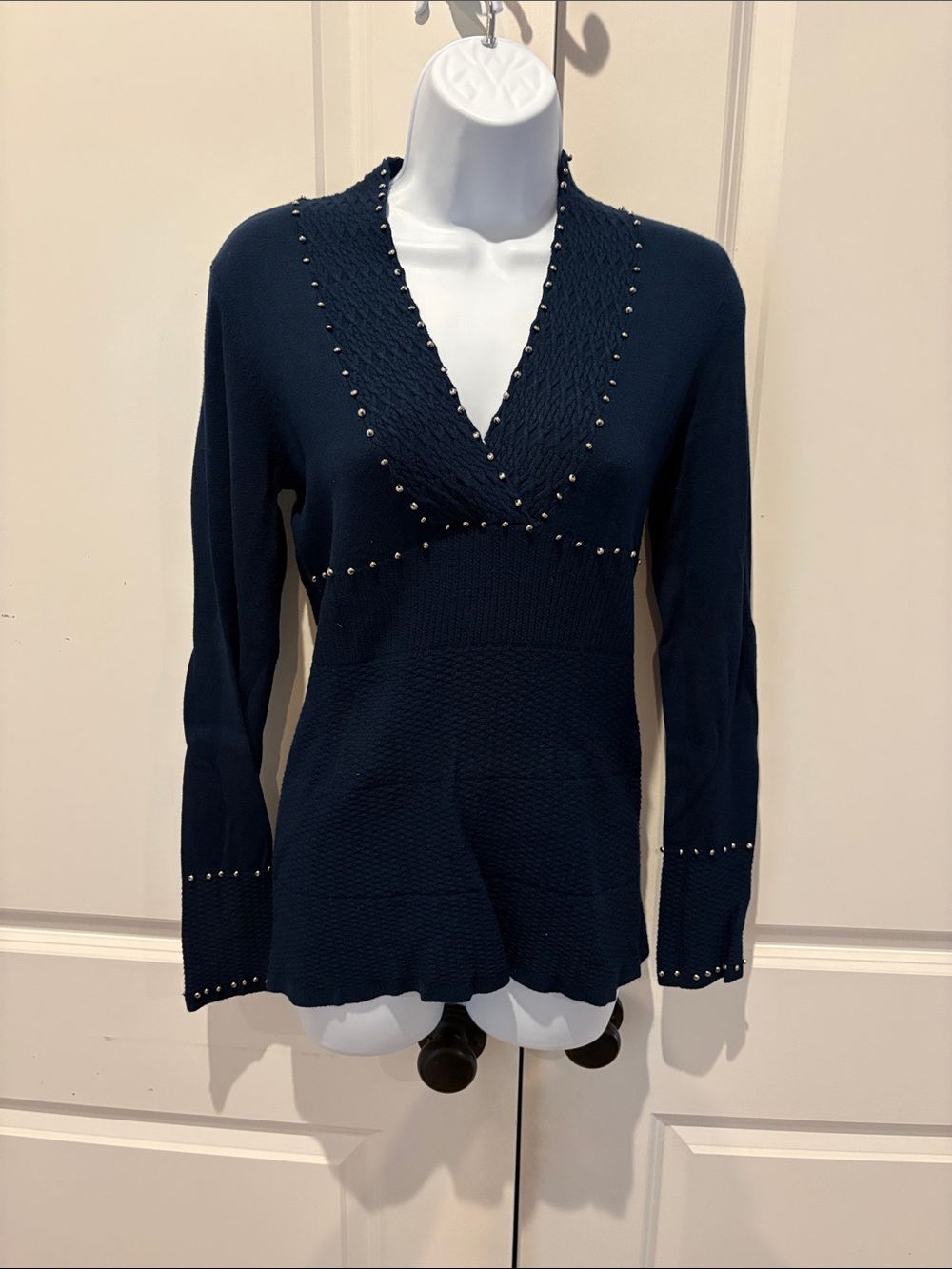 Cache Navy V-Neck Sweater with Silver Stud Accents